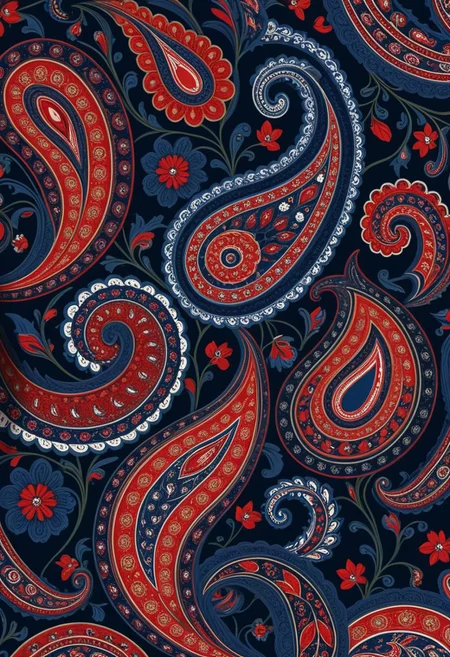 photo of a paisley pattern, boteh, paisley, navy blue, madder red, almond, entwined paislies, official art, aesthetic, dynamic angle, hyper detailed, order and chaos, dark colors, (extremely detailed, intricate details, masterpiece, best quality, 8k wallpaper:1.4), dramatic lighting, (dark blue and madder red palette:1.2), twisting paisley