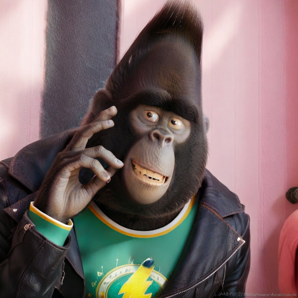 High quality, masterpiece, black jacket, Green shirt, pants,  no humans, confident, Sing_movie, male, throat, black fur, teeth, hand up, sexy, face shot, tank top, furry, gorilla, j0hnny_sing, Johnny_sing, Illumination Studios style, smiling, teeth