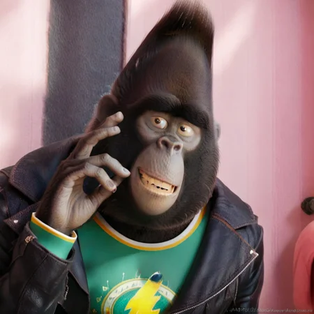 High quality, masterpiece, black jacket, Green shirt, pants,  no humans, confident, Sing_movie, male, throat, black fur, teeth, hand up, sexy, face shot, tank top, furry, gorilla, j0hnny_sing, Johnny_sing, Illumination Studios style, smiling, teeth