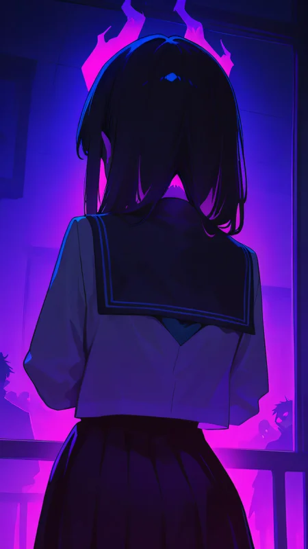 ,masterpiece,best quality,newest, <lora:Haunted_Glow-000009:1.0> hauntedglow, glowing eyes, 1girl, school uniform, from behind