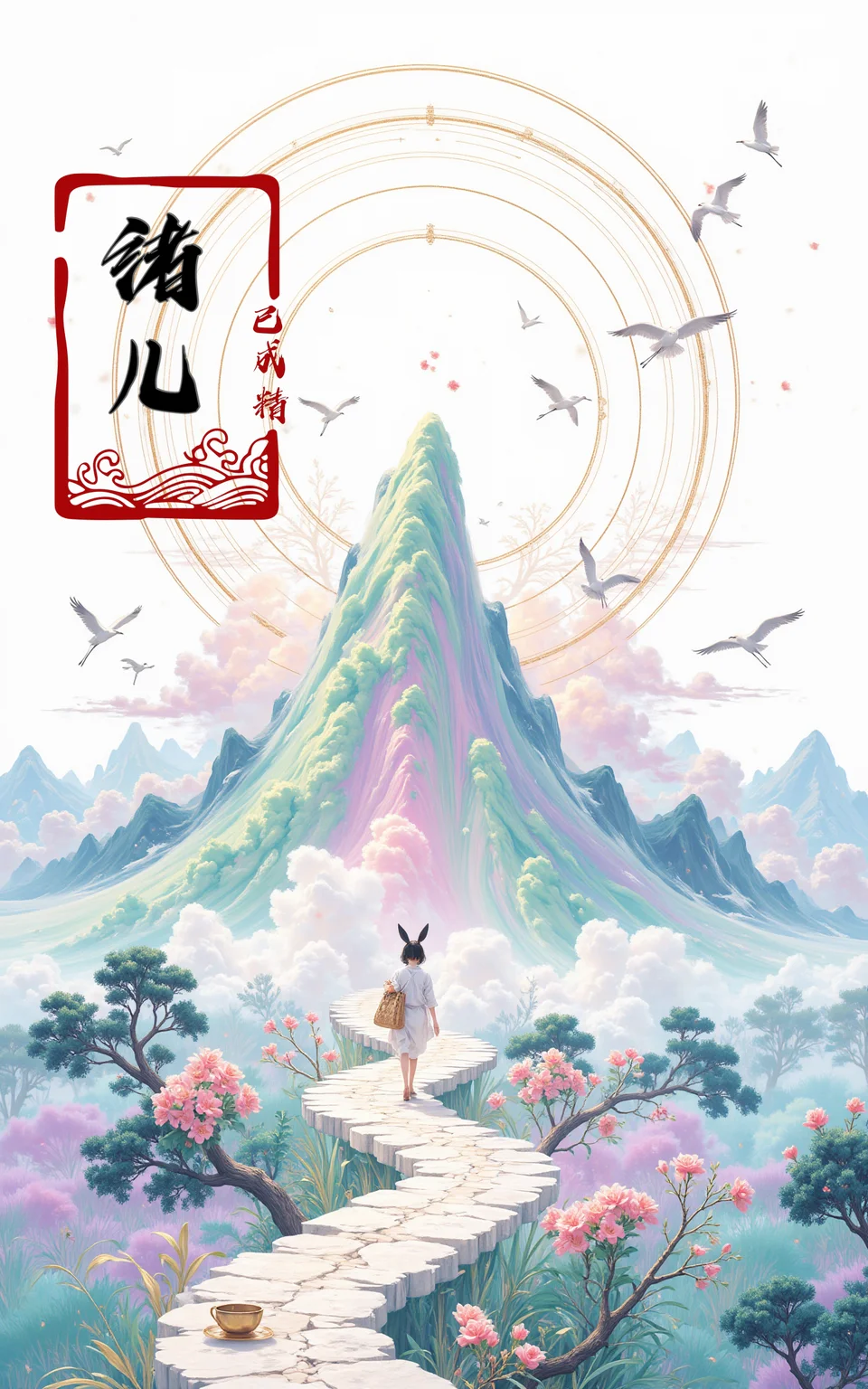 rabbit, no humans, sitting, flower, steam, cup, food, closed eyes, blush, gradient, gradient background, mountain,
stunningly beautiful,Blue and purple smoke,white background,
The golden lines depict the outline of a mountain peak, there are green clouds, a circle of thin lines around the mountain, a person carrying a bamboo basket walking on a path in the mountain, the sky in the distance there are several cranes flying, some peach blossoms inlaid with gold, flying with the wind, the tilted picture, from the sky overlooking the perspective, Chinese ink artistic conception, new meticulous painting, in the style of dreamy landscapes, physically based rendering, villagecore, winslow homer, aerial view, distorted reality, orient-inspired,
unconventional supreme masterpiece,masterful details,temperate atmosphere,see-through,sunlight,Klein Blue flower,scenery,light particles,red theme,star (sky),night sky,scenery,starry sky,sunset,silhouette,