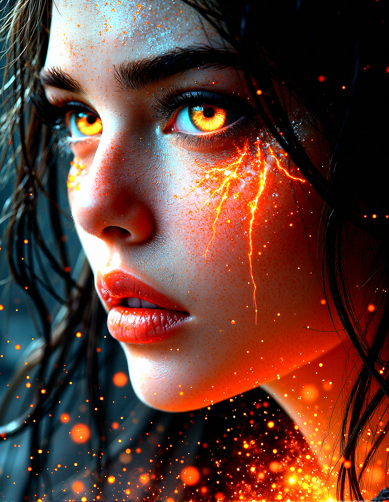 extremely photorealistic of an Inferno-born demoness,  A character with fair skin, glowing cracks, and fiery eyes that radiate heat and power.Molten Tears, crying tears of  glowing lava running down the character’s face.