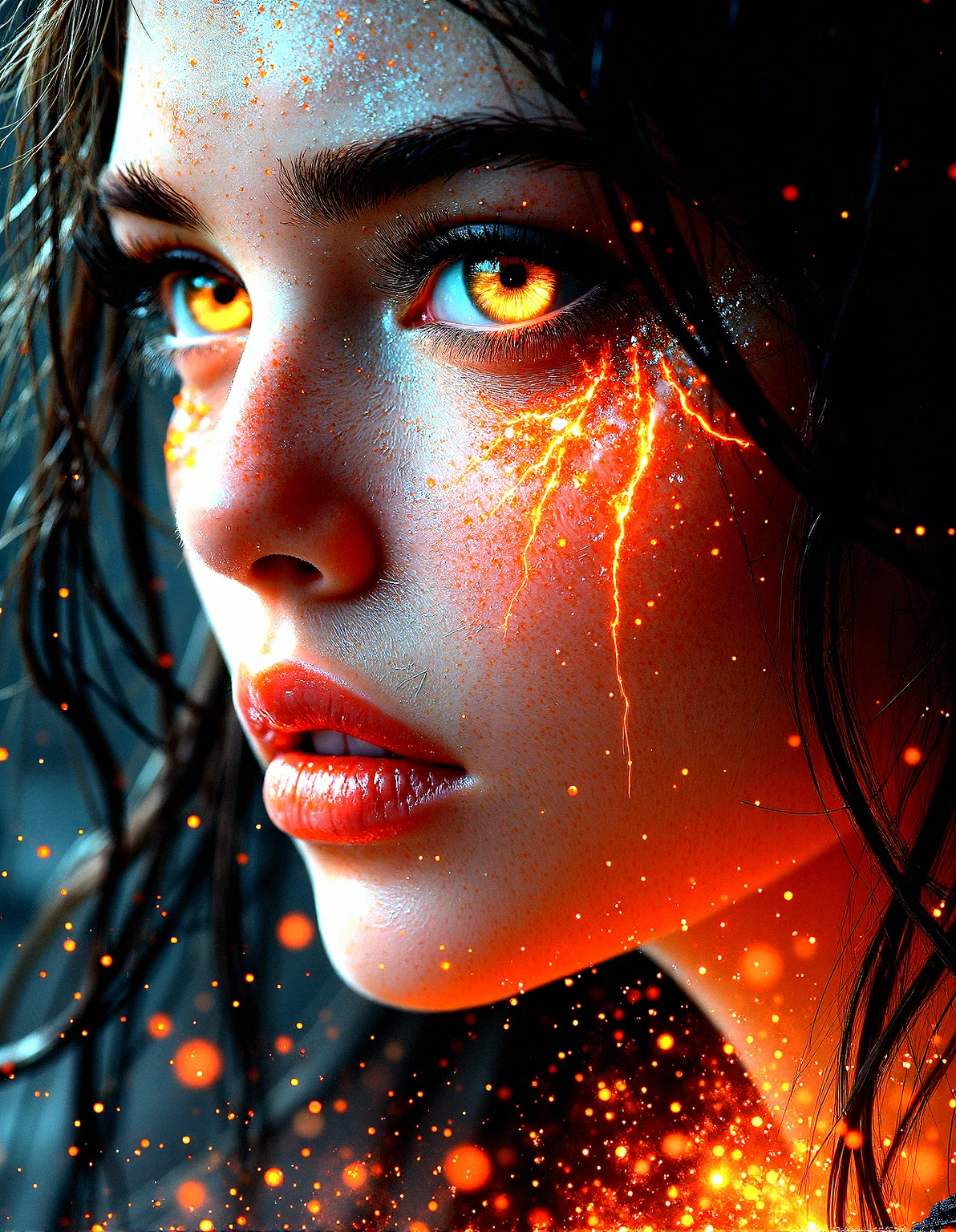 extremely photorealistic of an Inferno-born demoness,  A character with fair skin, glowing cracks, and fiery eyes that radiate heat and power.Molten Tears, crying tears of  glowing lava running down the character’s face.