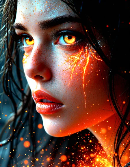 extremely photorealistic of an Inferno-born demoness,  A character with fair skin, glowing cracks, and fiery eyes that radiate heat and power.Molten Tears, crying tears of  glowing lava running down the character’s face.