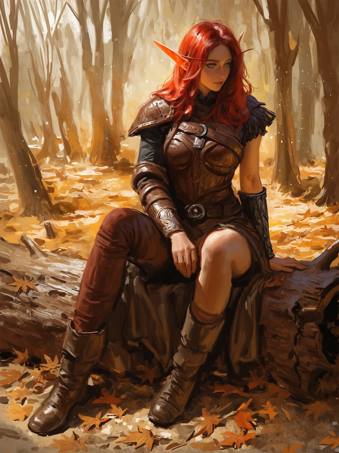 sanmingsanri style, faux traditional media, beautiful elf ranger girl sitting on wooden log in the woods, full body, leather armor, short red hair, leafs particles, legwear, boots, short sleeves, bracers, asymmetrical clothes
