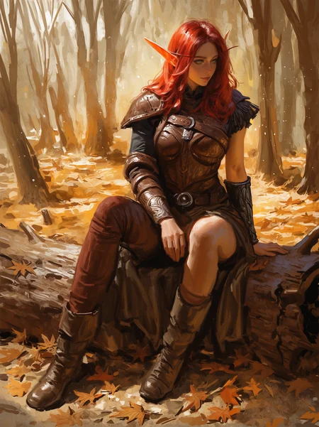 sanmingsanri style, faux traditional media, beautiful elf ranger girl sitting on wooden log in the woods, full body, leather armor, short red hair, leafs particles, legwear, boots, short sleeves, bracers, asymmetrical clothes