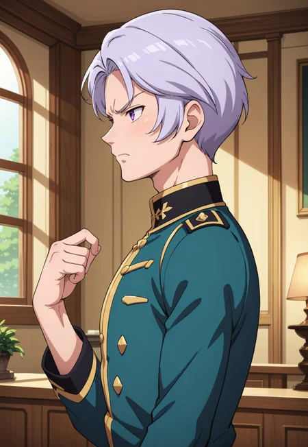 score_9, score_8_up, score_7_up, source_anime, side view, BREAK, ( angelo_sauper, purple eyes, gray hair, best eyes, annoyed expression, hands level with collarbone, zeon uniform, ) 1boy, male focus, solo, BREAK, mansion,