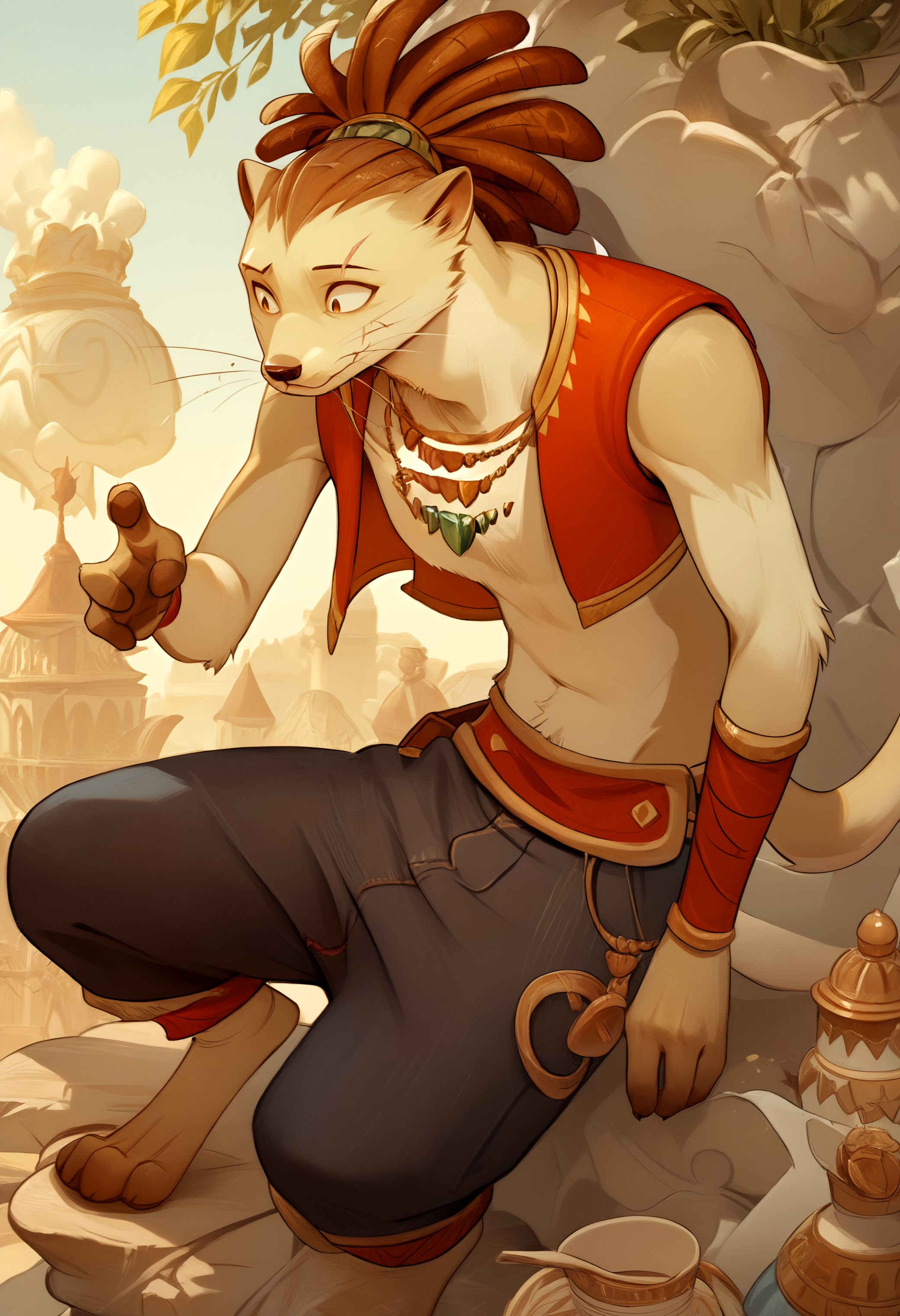 score_9, score_8_up, score_7_up, 8k, detailed design, detailed background, detailed characters, masterpiece, anthro only, furry only,  <lora:SmokeyAFK_Journey-000001>, smokey, furry male, 1boy, otter ears, brown hair, scar over eye, whiskers, necklace, pants, otter boy, vest, barefoot, otter tail, dreads, white fur,
