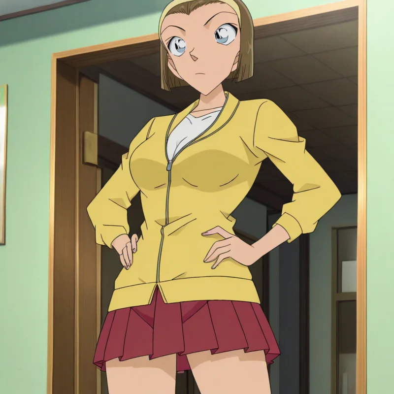 (((best quality))), (((masterpiece))), absurdres, official style, anime_screencap, 1girl, solo, suzuki sonoko, short hair, short bangs, brown hair, grey eyes, white shirt, yellow jacket, red skirt, pleated skirt, miniskirt, hands on own hips