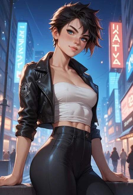 score_9, score_8_up, score_7_up, score_6_up, rating_questionable, 1girl, Rebecca, RebeccaRH. cute face, tomboy, short black hair, blue eyes, [freckles], tanned skin, small perky breasts, fit, toned , perfect butt.HD32k, dynamic pose, aesthetic, perspective, solo, detailed, detailed eyes,sensual look, pinup pose, outdoor, city, night, city lights, wearing black leather pants, strapless white top, nipple peek, open leather jacket