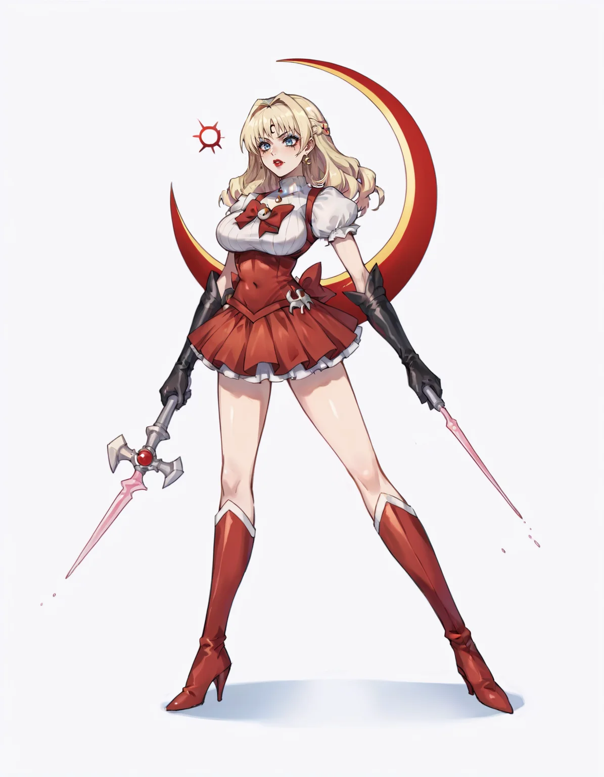 score_9, score_8_up, score_7_up, score_6_up, score_5_up, score_4_up, BREAK source_anime, <lora:UOScarlet:0.6>, UOScarlet, large breasts, high heel boots, <lora:EvlSM:0.65>, EvlSM, long legs, crescent, crescent facial mark, makeup, lipstick, mascara, eyeshadow, magical girl