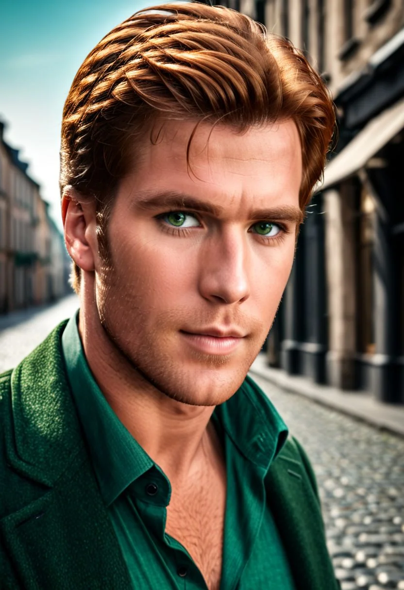 RAW photo, (a handsome and masculine man, cobblestone city background), vibrant, stunningly beautiful, crisp, detailed, high contrast, cinematic, ultra detailed, intricate, professional, (high quality:1.4), (intricate, high detail:1.2), professional photography, HDR, High Dynamic Range, realistic, ultra realistic, photorealistic, high resolution, film photography, ambient lighting, UHD, green eyes, short ginger hair, wearing casual clothing, close up,