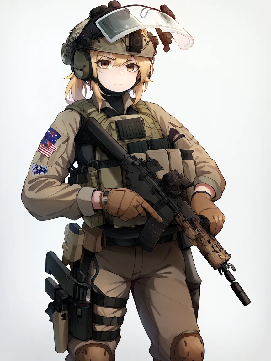 score_9, score_8_up, score_7_up, score_6_up, score_5_up, <lora:tacticalclothesXLP:1> 1girl, weapon, gun, solo, gloves, helmet, white background, knee pads, bulletproof vest, military, pants, holding, brown pants, simple background, assault rifle, tactical clothes, holding weapon, load bearing vest, blonde hair, magazine (weapon), looking at viewer, holding gun, holstered weapon, closed mouth, american flag, long sleeves, holster,