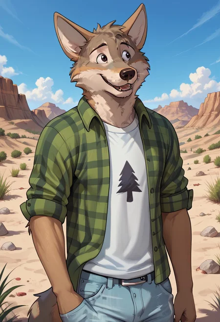 score_9, score_8_up, score_7_up, solo, 1boy, Cameronvn, coyote, green jacket, white shirt with black tree, light blue pants, happy, outdoors, middle of desert background, hi res, detailed eyes, eyes focus, perfect eyes, perfect face, black eyes, big iris, best artwork, highly detailed, 4k res