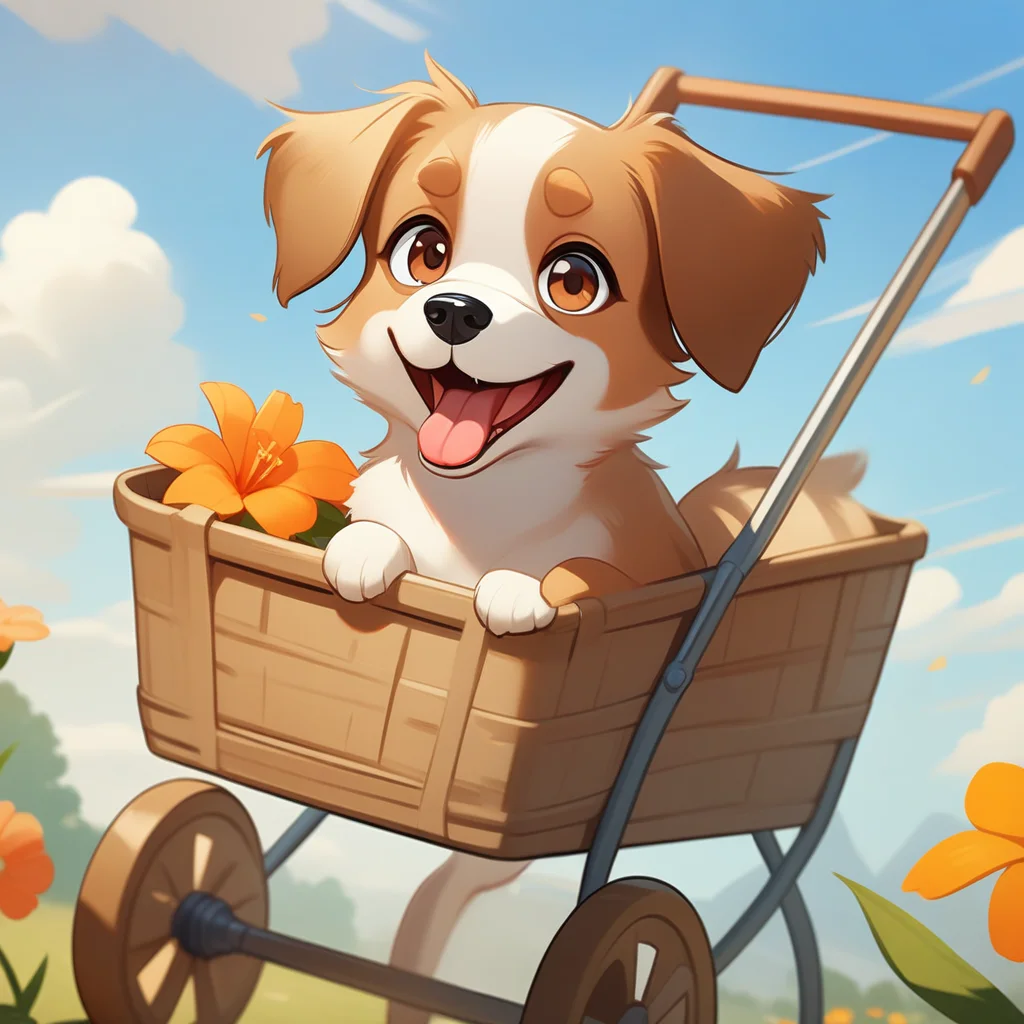masterpiece,best quality,<lora:bizhi_a3:1>,bizhi, no humans, dog, outdoors, flower, sky, day, cloud, orange flower, open mouth, blue sky, solo, smile, looking at viewer, animal focus, cart, brown eyes, tongue