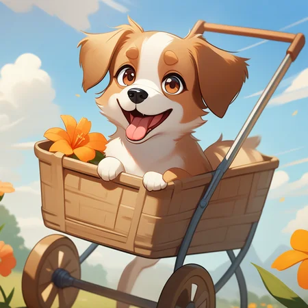 masterpiece,best quality,<lora:bizhi_a3:1>,bizhi, no humans, dog, outdoors, flower, sky, day, cloud, orange flower, open mouth, blue sky, solo, smile, looking at viewer, animal focus, cart, brown eyes, tongue