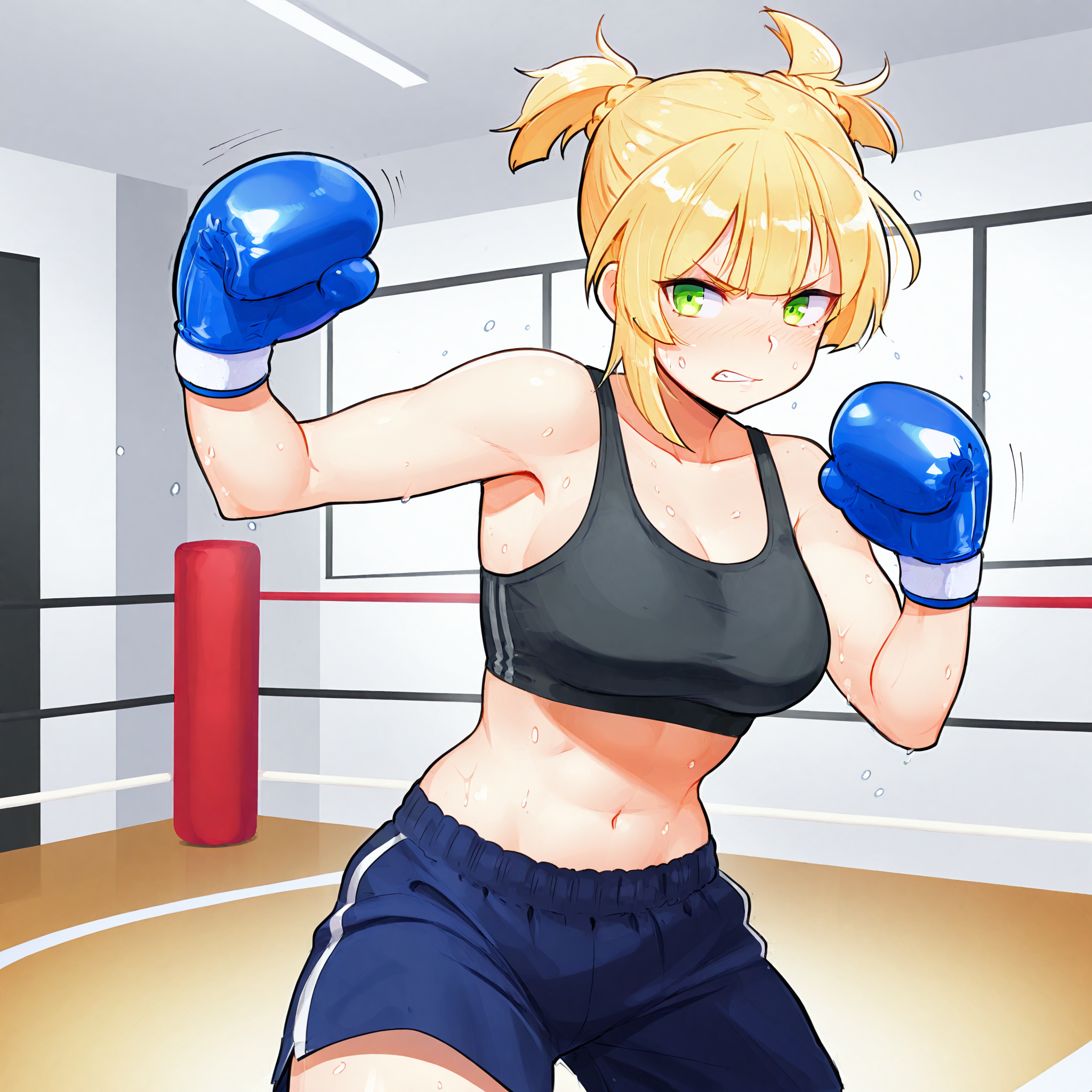 (masterpiece), best quality, (highly detailed), 1female, solo, <lora:Welrod:0.7> , Welrod, green eyes, gym shorts, tanktop, punching, gym, room, indoor, sweating, <lora:Theycallhimcake_style:0.8>, fighting stance, boxing gloves, midriff,