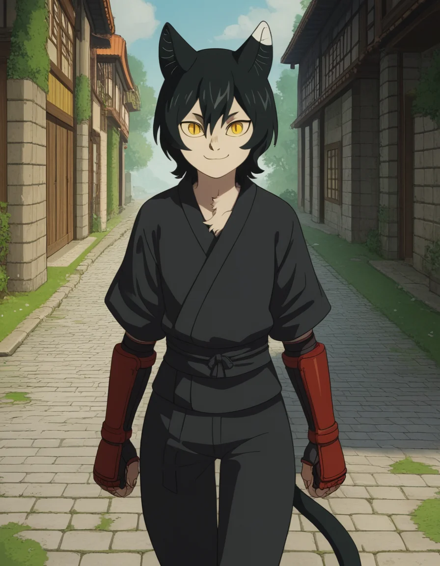 score_9, score_8_up, score_7_up, source_anime, <lora:izutsumi-s1-ponyxl-lora-nochekaiser:1>, izutsumi, black hair, animal ears, tail, yellow eyes, cat ears, cat tail, cat girl, slit pupils,, japanese clothes, gauntlets, ninja, black shirt, black pants,, stone walkway, historic, path, cobblestone, footpath, smile, v,, looking at viewer, solo,, dutch angle, cowboy shot