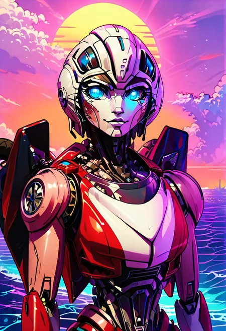 score_9, score_8_up, score_7_up, screencap, detailed eyes, looking at viewer, bust shot, white background, character sheet, multiple views, ArceeROTB, autobot, 1girl, solo, red and white body, mechanical parts, robot, helmet-like head, robotic face, glowing blue optics, wheels on back, ducati printed on right leg, autobot forehead symbol, fairing-like chest, blue eyes, narrow waist, synthwave, vaporwave, wave, lasers, sunset, synthwave-galaxy, unique pose, unique angle