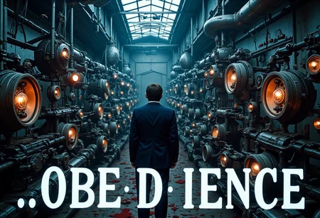 the words ...OBEDIENCE' written in large font fills the front of frame. In the back of frame weird man with in a dark room with checkerboard blue lotus PEOPLE ARE trapped inside machinery, people crushed inside mechanical gears, high gore arms crushed and bent, signs of wailing, people in business suits trapped in machinery. floors with blood on the ground with a white interior cyber tech electricity electical circuits illuminati symbols with brains and vaginas with high technology alchemical background lightning bolts