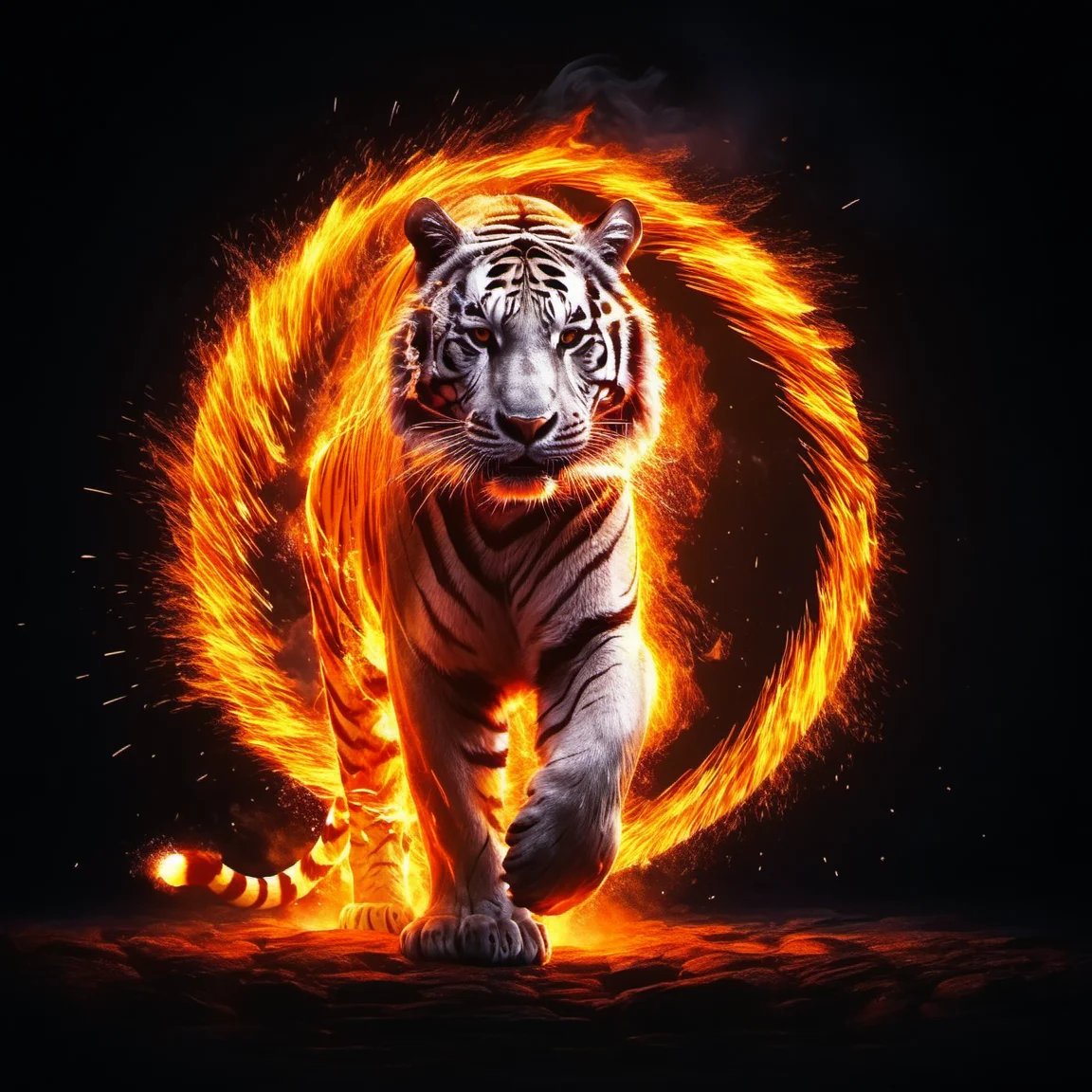 fireart, a tiger in a fire suit ,circular of sparks<lora:fireart:1>