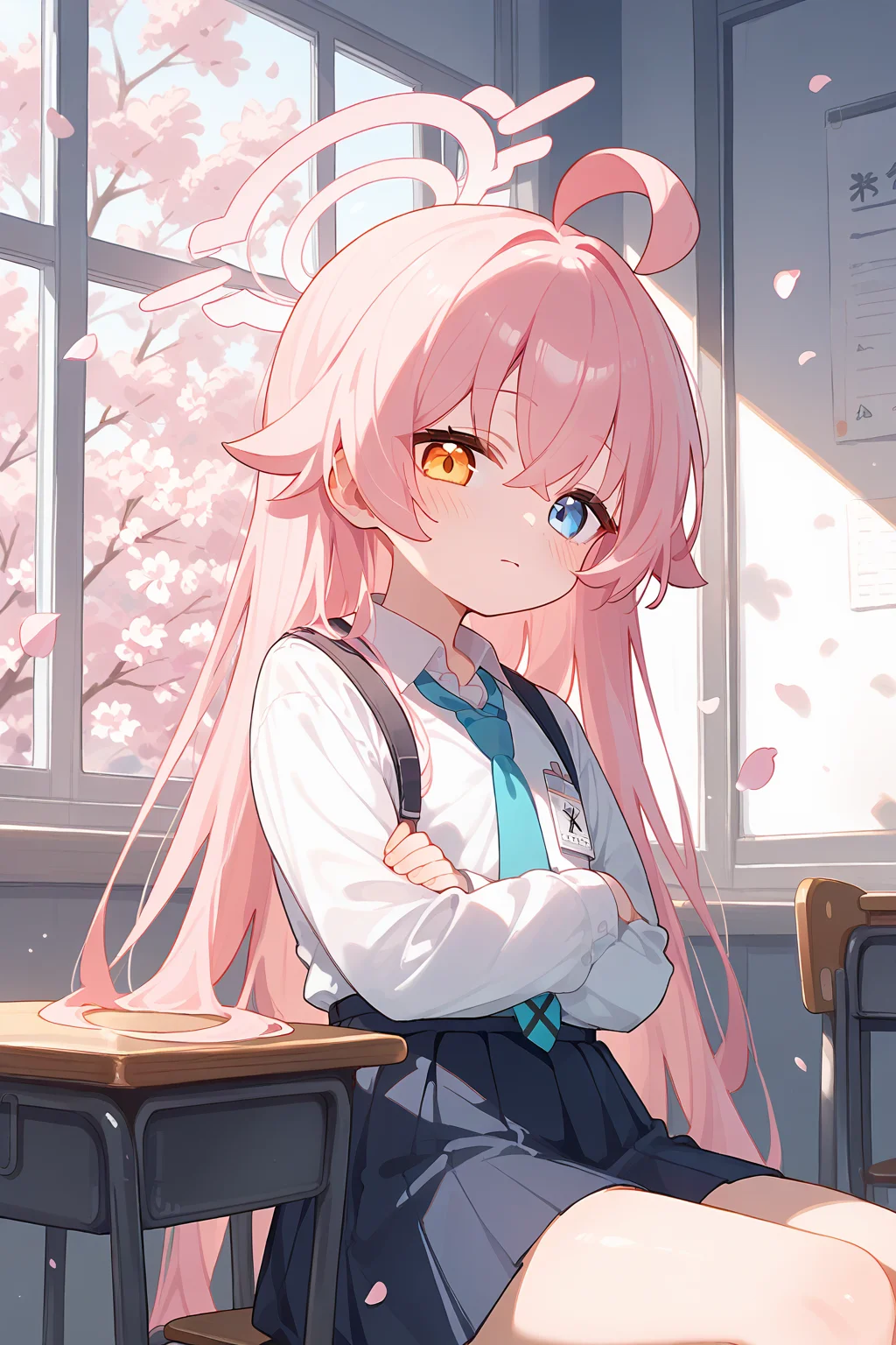 (score_9,score_8_up,score_7_up),<lora:hoshino (blue archive)-v1:1>,hoshino (blue archive),1girl,solo,heterochromia,long hair,window,blue eyes,pink hair,necktie,long sleeves,cherry blossoms,blue necktie,looking at viewer,desk,ahoge,indoors,petals,shirt,flower,white shirt,hair between eyes,bangs,closed mouth,yellow eyes,pink flower,school desk,school uniform,classroom,chair,blush,skirt,orange eyes,sitting,crossed arms,
good feet,anime,NSFW,expressive,amazing quality,ultra hd 32k,