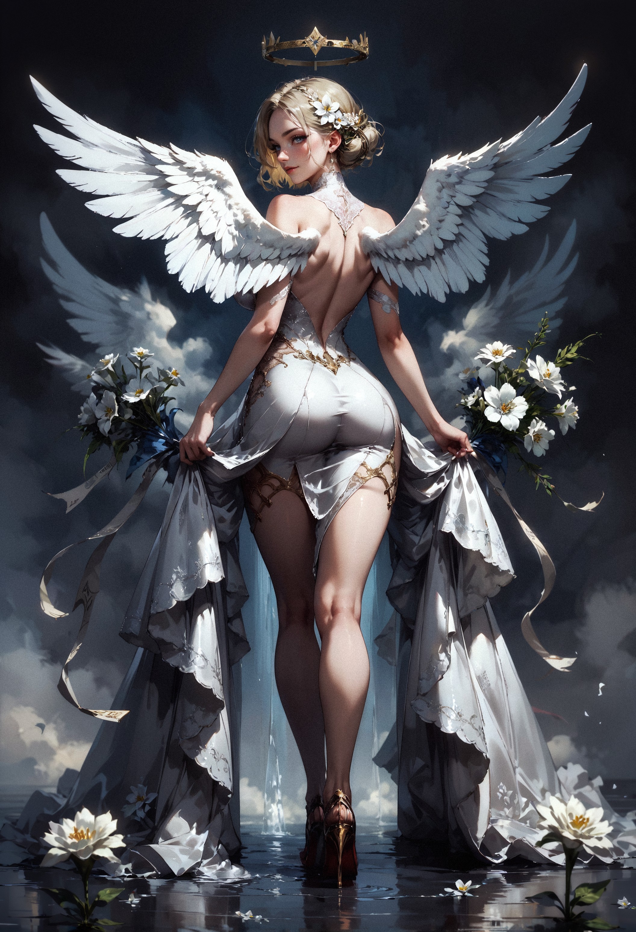 score_9, score_8_up, score_7_up, score_6_up, score_5_up, score_4_up,  1girl, curvy, white angel wings, large wings, giant wings, back view, ass, standing, looking back at viewer, large natural breasts, high heels, smirk, white flowers, white flower ornament, arching, short blonde hair, intricate fabrics, satin, velvet, (black background:1.2)