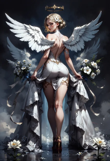 score_9, score_8_up, score_7_up, score_6_up, score_5_up, score_4_up, 1girl, curvy, white angel wings, large wings, giant wings, back view, ass, standing, looking back at viewer, large natural breasts, high heels, smirk, white flowers, white flower ornament, arching, short blonde hair, intricate fabrics, satin, velvet, (black background:1.2)