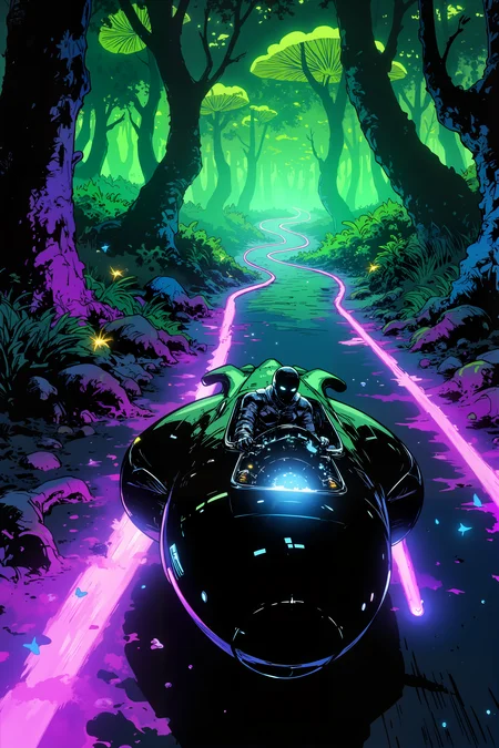 A sleek, serpentine vehicle glides silently along a road made of glowing, crystalline ribbons that twist and coil through an endless forest of colossal, bioluminescent mushrooms. The vehicleâs surface is smooth and black, reflecting the neon greens, purples, and blues of the glowing fungi. Its wheels are absent, replaced by a shimmering, liquid-like energy that ripples beneath it as it hovers just above the road. The ribbons of the road shift and curve unpredictably, spiraling around the towering mushroom stalks and disappearing into dense, glowing mist. Inside the cockpit, a figure with glowing white eyes and metallic silver skin adjusts the holographic controls, the dashboard flickering with incomprehensible symbols. The air is filled with the faint, musical hum of the mushroomsâ natural resonance, creating a surreal, hypnotic atmosphere. Firefly-like creatures flit around the vehicle, their tiny lights adding to the kaleidoscope of color. Far ahead, the road splits into countless ribbons, each branching into the mist and vanishing into the unknown. The scene feels alive, as though the forest and road are sentient, watching the vehicleâs every move. , detailed background Fantastic lighting. Detailed shadows.intricate details, vivid colors, hyper-detailed, ultra-sharp, High resolution, high detail. Highly detailed. , <lora:Ev_Ganin:0.4><lora:Vintage comic book:0.4><lora:RetroAnimeFluxV1:0.15><lora:Greg_Capullo_style:0.4><lora:jeanClaude_Mzires_Style_FLUX-000001:0.4><lora:Flux_Ink_Anime:0.4>