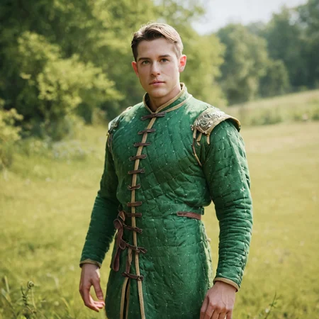 score_9, score_8_up, score_7_up, score_6_up, highly detailed, realistic lighting, fine textures, depth of field, 1 male, wearing armor, gambeson, green armor, cloth material <lora:Gambeson_CyberPony:1>