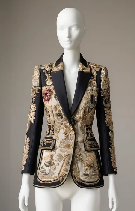 masterpiece,best quality,<lora:tbh361-sdxl:0.6>,illustration,style of Stefano Gabbana, Classic Dior 'Bar Jacket', structured silhouette, neutral tones, Parisian chic street style