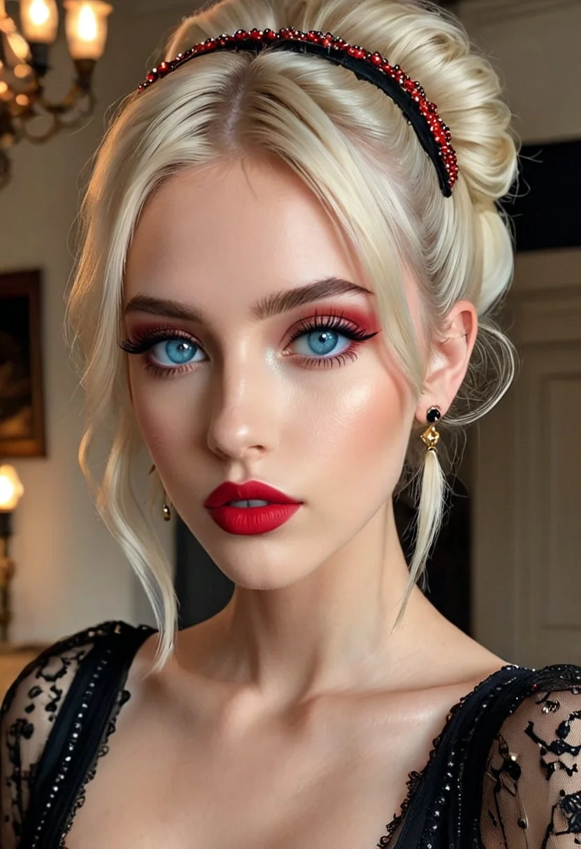 29 year old azerbaijani, blue eyes, pale skin, puffy lips, makeup, eye contact, hairclip, light blonde hair, very short hair, hair up, double bun, hair flaps, asymmetrical bangs, long bangs, x hair ornament, dark red lips, red eyeshadow, mascara, eyeliner, stud earrings, piercing, blush, flat chest, epic action, Unreal Engine, cinematic award winning artwork, many details, extreme detailed, full of details,Wide range of colors., dramatic, Dynamic,Cinematic,Sharp details, Insane quality. Insane resolution. Insane details. Masterpiece. 32k resolution. casting shadow style, cucoloris patterned illumination, <lora:add-detail-xl:1