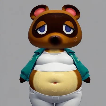 score_9, score_8_up, score_7_up, score_6_up, score_5_up, solo, best quality, 1girl, Tom Nook, Tanuki, Animal Crossing, furry, Brown fur, tan belly, eyelashes, animal ears, sweatsuit, midriff, tight clothes, chubby, belly