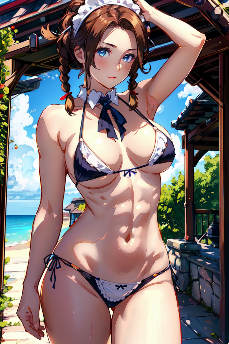 1girl, brown hair, blue eyes, twin braids,no hair in front, shows the forehead, large breasts,1girl, solo, maid bikini, sky,maid headdress, lips, closed mouth, curvy, muscular female,   perfect propotions,  navel,