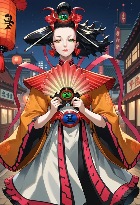 score_9, score_8_up, score_7_up, source_anime BREAK 1girl, cowboy shot, city, night, holding fan, looking at viewer, confidant, smug smile, closed mouth
<lora:zs_XiWangmuXL_2:1> xiwangmusmt, black hair, hair ornament, heterochromia, yellow eyes, green eyes, lipstick, makeup, earrings, red shawl, orange sleeves, hakama sleeves, white skirt, pink frills,