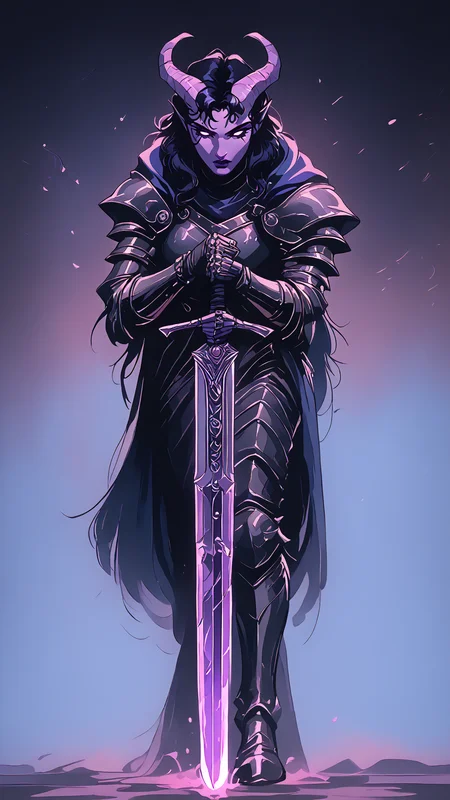 <lora:Tiefling__Fantasy__DND:1>,female,tiefling,pointed ears,horns,colored sclera,purple colored skin,long black hair,<lora:Both hand planted sword (pony) v1:0.8>,both-hand-hilt,planted sword,hands on hilt,holding sword,<lora:Knight_Armor:1>,armor,weapon,sword,solo,shoulder armor,holding weapon,full armor,cape,pauldrons,standing,knight,breastplate,, <lora:Dark Retro Scifi Pony Style V2:0.3> D4rkR3troSc1f1 ,<lora:OldAnimeStyle_XL_v3:.65> 1990s \(style\), Vintage, <lora:retro-neon-style:0.3> retro_neon, score_9, score_8_up, score_7_up, score_6_up, <lora:Smooth Anime 2 Style SDXL_LoRA_Pony Diffusion V6 XL:0.65>, <lora:add-detail-xl:1>