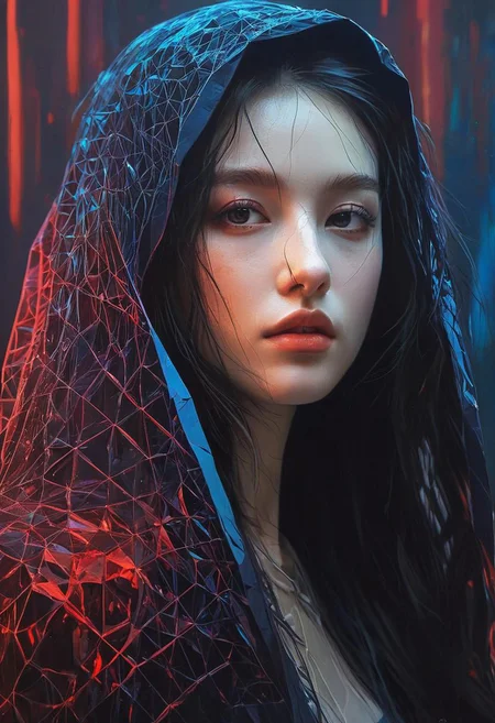 elegant haired abstract beauty, approaching perfection, dynamic, pitch black, highly detailed, dark, moody, low light, lowly lit, digital painting, artstation, concept art, smooth, sharp focus, illustration, art by Carne Griffiths and Wadim Kashin, black and red colors, good shadows, back lit, hidden, obscured, (pale skin:1.6), brushed eyebrows, busty, cleavage, (prisms:1.6), (prismatic:1.5), (ghostly thin veil:1.6), prismatic, reflections, cyberpunk, (black light clothes:1.6), monolith, mirrors, mirror, monolithic, obsidian, sun circle, other worldly, (different dimensions:1.7), (mysterious:1.5), (portrait:1.7), blue bra,