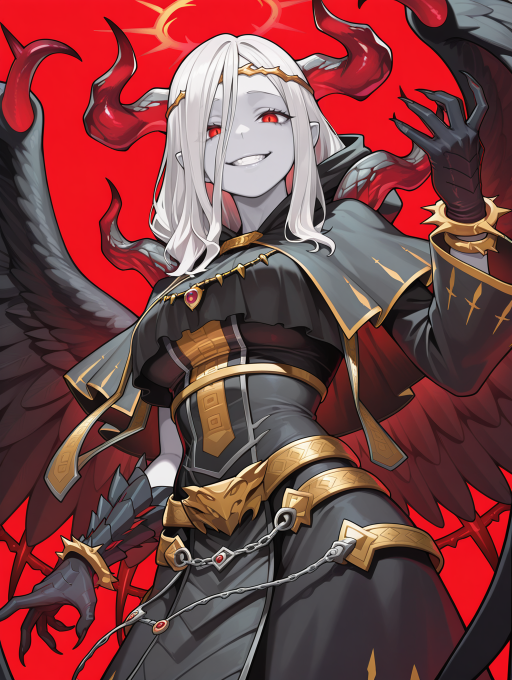 fallen angel, condemned darklord, 1girl, solo, red background, grin, open mouth, looking at viewer, simple background, dutch angle, white skin, red halo, gold circlet, black gloves, black feathered wings, black dress, black capelet, evil grin,
masterpiece,best quality,amazing quality,very aesthetic,absurdres,newest,<lora:Condemned Darklord illuXL v1.1:0.75>,