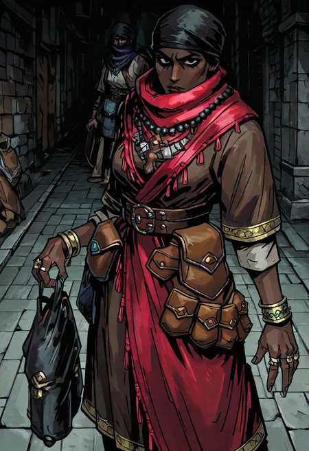 masterpiece, best quality, newest, absurdres, highres, DDstyle, official style, black eyes, shaded eyes, solo, solo focus, TTCSV1.0
1girl, DDAntiq-V1.1, scarf, bandana, robe, dark-skinned female, dark skin, belt pouch, pouch, necklace, belt, ring, bracelet,