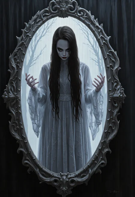 A ghostly apparition emerging from a mirror, its form swirling like mist, reaching out into the room., aidmaHalloweenBoost, aidmaabdhr, aidmaMJ6.1,  detailed drawing, swms    <lora:FLUX - HalloweenBoost ( aidmaHalloweenBoost ):0.8> <lora:FLUX - Image Upgrader - Detail Maximizer:0.7> <lora:FLUX - Meets Midjourney v0.2 ( aidmaMJ6.1 ):0.7><lora:FLUX - Sinfully_Stylish (Dramatic Lighting):0.7> <lora:FLUX - SWMSF - Styles for FLUX ( detailed drawing, swms ):1>
