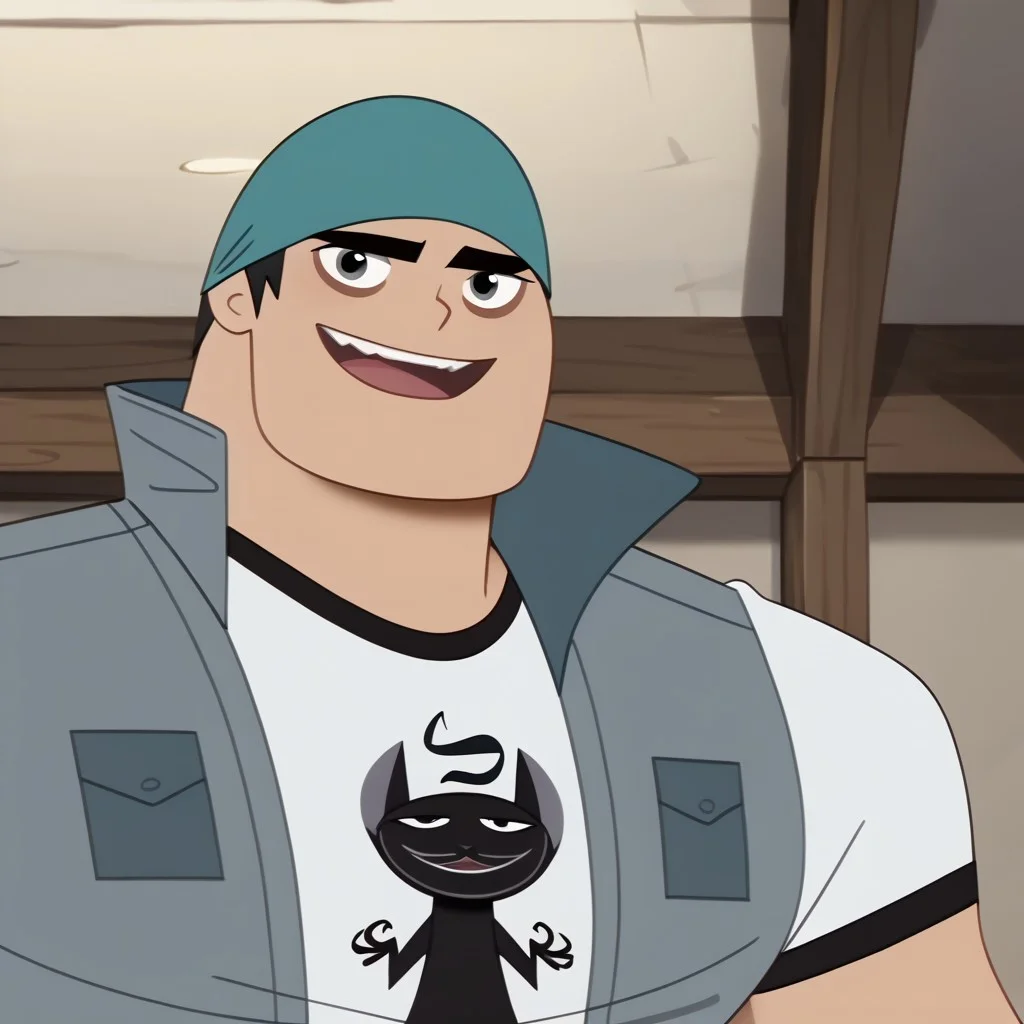 score_9, score_8_up, score_7_up BREAK BiffyD, 1boy, short black hair, black eyes, dark green brimless cap, open sleeveless gray jacket, short-sleeved white shirt with black accents, face view, face closeup, male, male focus, solo focus, alone, screenshot, official art, parody, cartoon footage, official design, screencap, cartoon screenshot, official screenshot, 2d, cartoon, source_cartoon, happy, smiling at viewer,