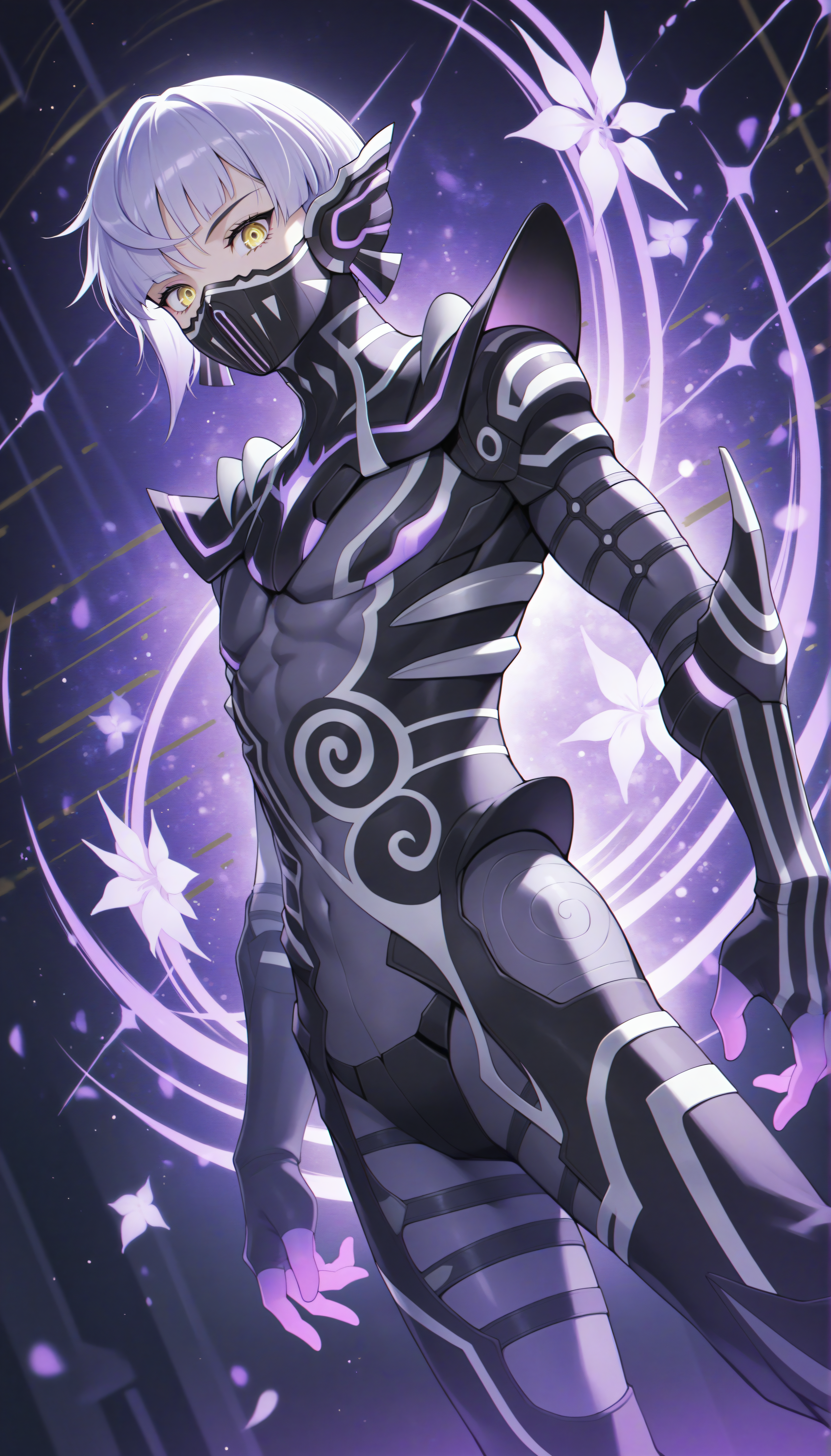 masterpiece, best quality, amazing quality, very aesthetic, <lora:noobai_vpred_1_aqm_complete_v3:1>, high resolution, 1boy, androgynous, solo, <lora:NahobinoSMTV_NoobVpred10_v1:0.9>, tsukubiNoob, yellow eyes, armor, bodysuit, white hair, short hair, mask, purple hair BREAK volumetric lighting, dutch angle, abstract background