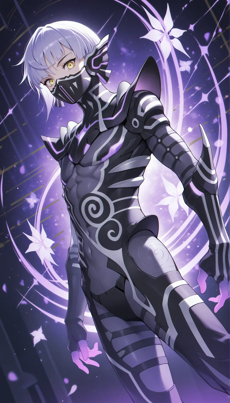 masterpiece, best quality, amazing quality, very aesthetic, <lora:noobai_vpred_1_aqm_complete_v3:1>, high resolution, 1boy, androgynous, solo, <lora:NahobinoSMTV_NoobVpred10_v1:0.9>, tsukubiNoob, yellow eyes, armor, bodysuit, white hair, short hair, mask, purple hair BREAK volumetric lighting, dutch angle, abstract background