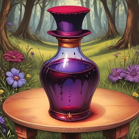 <lora:Wonderland:1> ArsMJStyle, Wonderland, The image shows a painting of a bottle of red liquid sitting on top of a table surrounded by trees flowers and grass., no humans, flower, nature, tree, still life, forest, bottle, cup, grass, outdoors, purple flower, blood, hat, potion, top hat