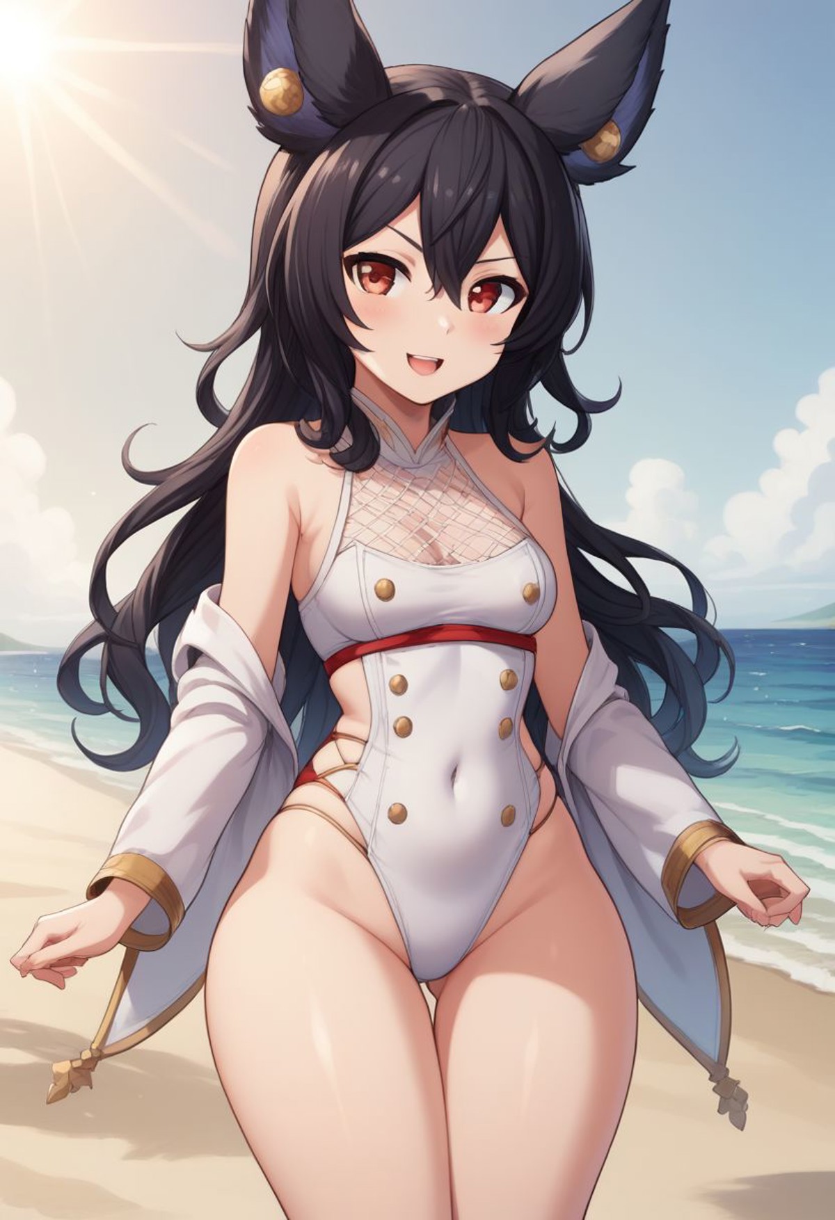 Solo, Ilsa, erune, black hair, white swimsuit, thick thigh, (thick waist),