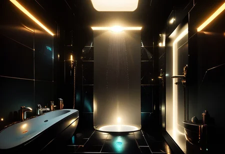 EnD_CyberFutureLandscape Style, indoors, shower, bathroom scene, futuristic, cyberpunk, specular highlights, side lighting, extreme light and shadow, cinematic lighting, natural lighting, score_9, score_8_up, score_7_up, score_6_up, score_5_up, score_4_up,