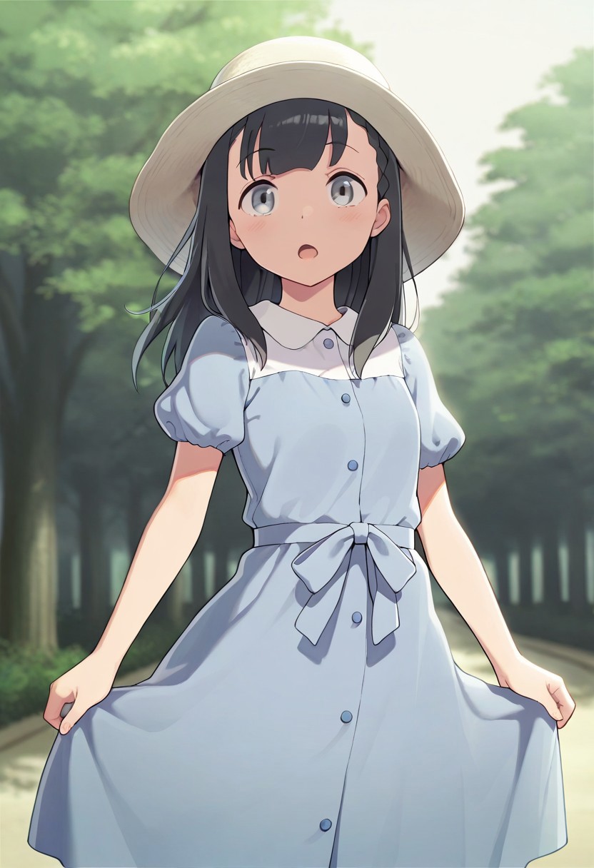 masterpiece,best quality,amazing quality,shiraishi yuzuki, black hair, long hair, grey eyes, 1girl, solo, hat, dress, looking at viewer, blue dress, short sleeves, tree, outdoors, puffy sleeves, open mouth, sun hat