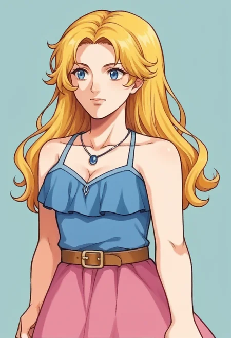 score_9, score_8_up, score_7_up, source_anime, BREAK <lora:zs_FE9PortraitsXL:1> fe9portraits, solo, cowboy shot, simple background, 1girl, <lora:NSHaleyStardew:1> NSHaleyStardew, long hair, blonde hair, blue eyes, blue camisole, cleavage, pink skirt, jewelry, bare shoulders, sleeveless, necklace, belt, spaghetti strap