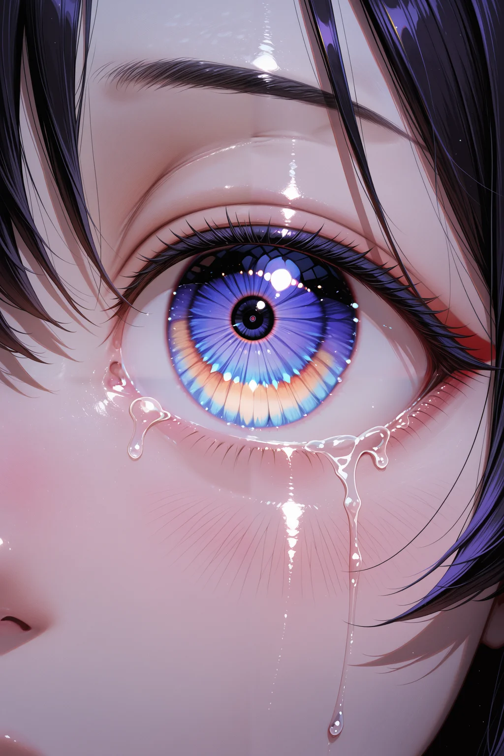 lazympos, (eye focus:1.5), extreme close-up, dreamy bright eye, realistic eye size, normal sized eye, (small eye:1.35), anatomically correct eye, realistic natural iris, solid color iris, uniform iris color, realistic iris structure, finely detailed iris fibers, deep natural eye color, highly detailed iris, moist eye, defined tear trails, matte tears, clear visible tears without gloss, prominent tears running down face, subtle wetness around eyes only, soft diffuse side lighting, gentle rim lighting, low contrast lighting, soft ambient light, natural soft shadows, cinematic soft lighting, subtle blush, eyeliner, delicate eyelashes, hair strands in front of face, ultra detailed skin texture, natural skin pores, slight skin imperfections, soft but textured skin, healthy skin tone, warm natural complexion, slight sun-kissed skin, catchlight, intricate subtle reflection in eye, realistic lighting, beauty mark, realistic makeup, sharp focus, hyperrealism, natural light