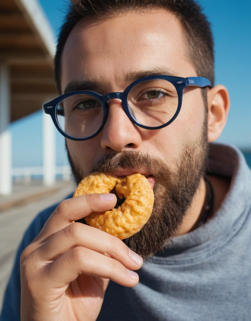 close-up, adult male, eating, round eyeglasses, beard, blue sky, outdoor, casual clothing, hand to mouth, snack, blurred background, pier, daytime, natural light, partial face, focused subject, clear glasses, food in hand, human activity, candid shot, real people, food., Fujifilm XT3, Canon R5, Fujicolor Fujichrome Velvia 100